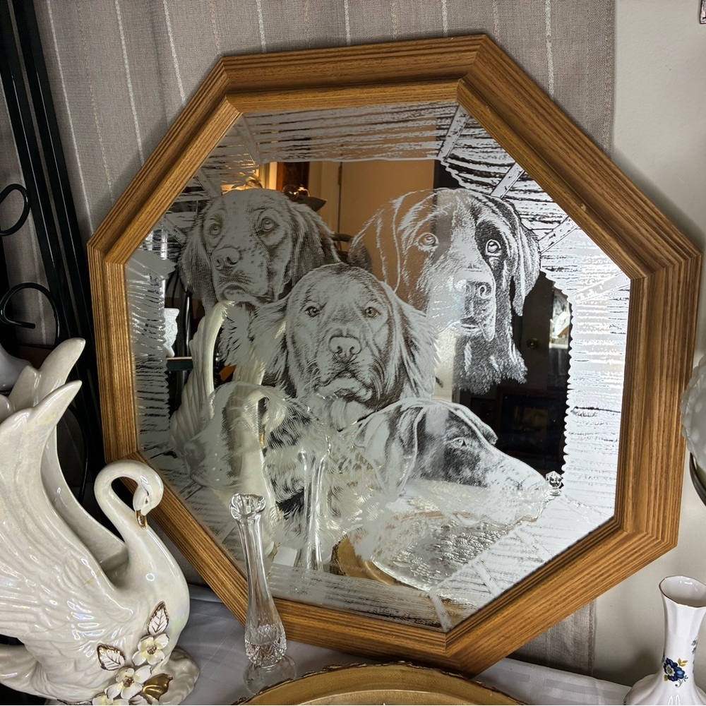 Octagonal Wooden Framed Dog Etched Mirror